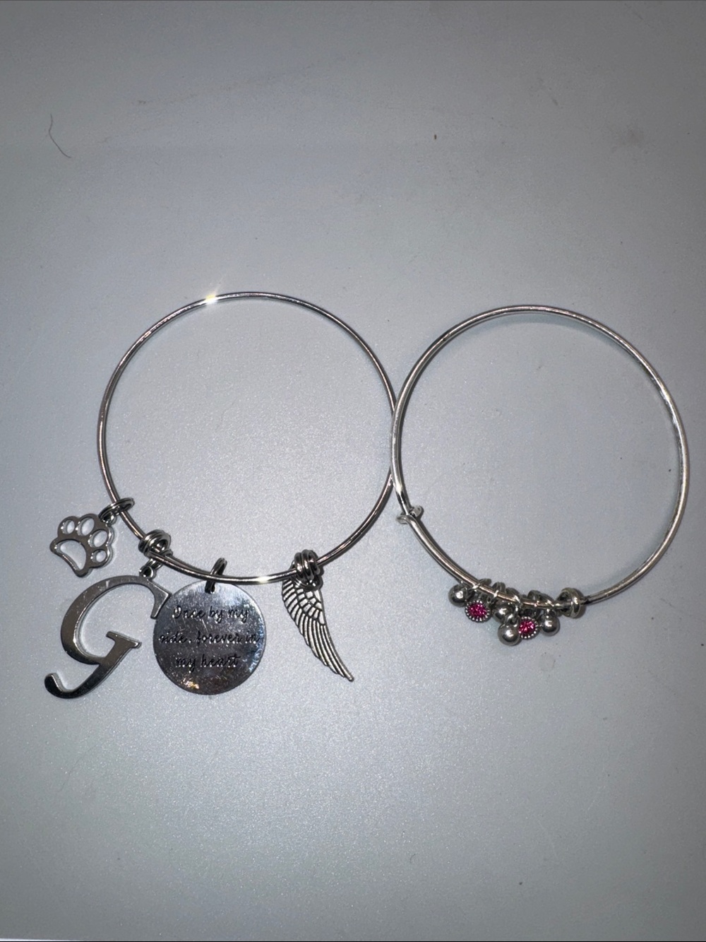 Silver Tone Charm Bangle Bracelet Set with Initial G and Pink Accents